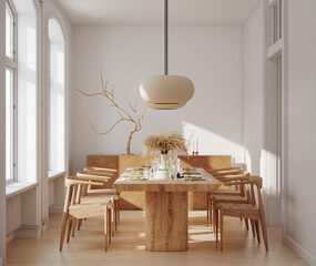 Home mock up, cozy modern dining room interior with natural wooden furniture, Scandinavian style, 3d render