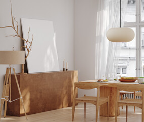 Home mock up, cozy modern dining room interior with natural wooden furniture, Scandinavian style, 3d render