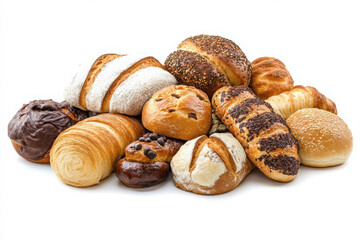 Assorted freshly baked breads and pastries arranged on a white background, showcasing a variety of textures and flavors, ideal for breakfast or a bakery display.