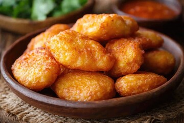 Golden-Brown Fried Potato Balls in Rustic Bowl