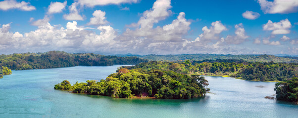 Stunning tropical rain forests on the shores of the Gatun Lake, a freshwater artificial lake to the...