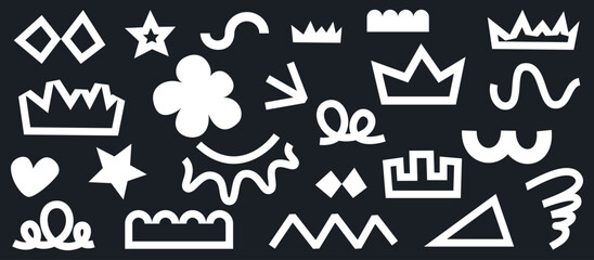 Doodle art vector illustration. Creative and fun, cute, black and white geometric elements of circles, arrows, curves, wavy lines and decorative symbols for graphic backgrounds, design and decoration.