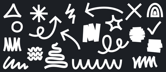 Doodle art vector illustration. Creative and fun, cute, black and white geometric elements of circles, arrows, curves, wavy lines and decorative symbols for graphic backgrounds, design and decoration.