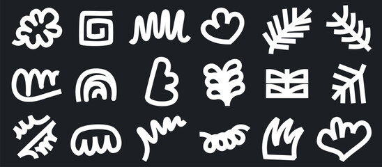 Doodle art vector illustration. Creative and fun, cute, black and white geometric elements of circles, arrows, curves, wavy lines and decorative symbols for graphic backgrounds, design and decoration.