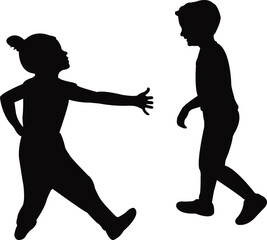 a girl and a boy playing, silhouette vector