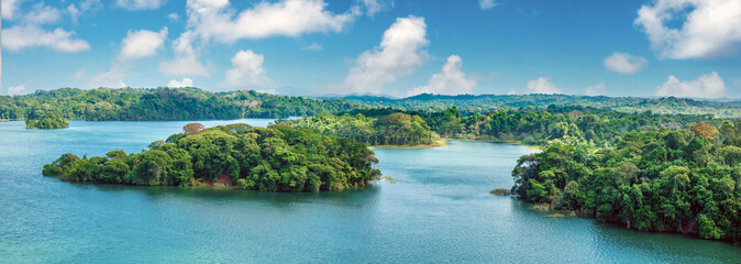 Beautiful tropical scenery on the shores of Gatun Lake, a freshwater artificial lake to the south...