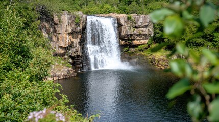 Obraz premium Waterfall cascading into pool, lush forest backdrop. Possible use Nature background