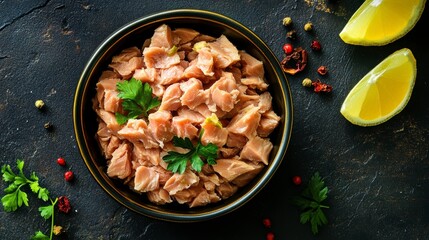 Canned tuna in bowl with lemon slices on dark surface