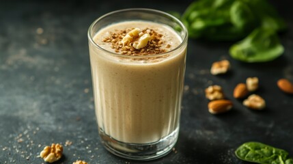 Creamy nut smoothie in a glass on a dark background