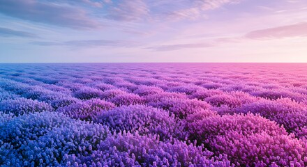 Fototapeta premium A Serene Lavender Field at Sunrise with Golden Light Casting a Warm Glow Over the Scenic Landscape