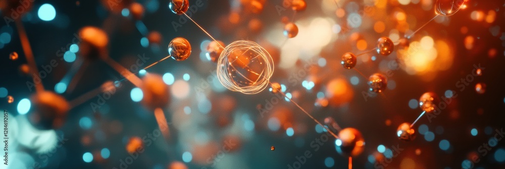 Poster visualization of gas molecules in dynamic motion with luminous atomic structures in a vibrant displa