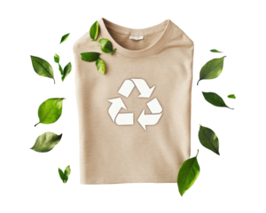 Isolated Neutral Toned T-Shirt Decorated with Recycle Sign and Green Leaves