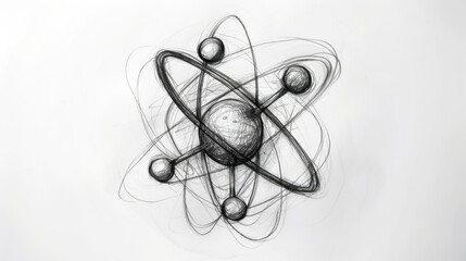 Hand-drawn pencil sketch of a classic Bohr model atom, featuring a nucleus with orbiting electrons. A scientific and vintage-style representation of atomic structure.