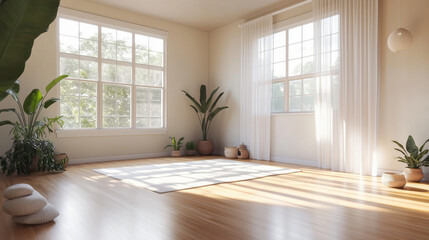 Fototapeta premium Bright and Airy Yoga Studio with Hardwood Floors, Soft Neutral-Colored Walls, Adorned with Plants and Natural Light, Perfect for Showcasing Wellness Products, Yoga Gear, or Relaxation Accessories
