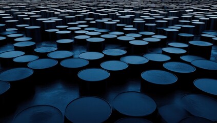 Fototapeta premium Abstract image of numerous dark blue barrels arranged in a repeating pattern. The color palette and arrangement create a sense of depth and mystery.