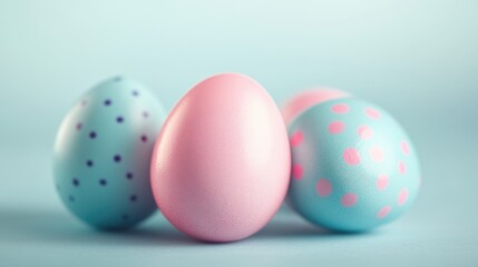 Fototapeta premium A trio of colorful, candy coated Easter eggs with pastel polka dots.