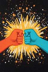 Graffiti art fist bump handshake for strong unity and street teamwork in vibrant urban style for bold community energy, A bold graffiti style mural of two hands making a powerful fist bump