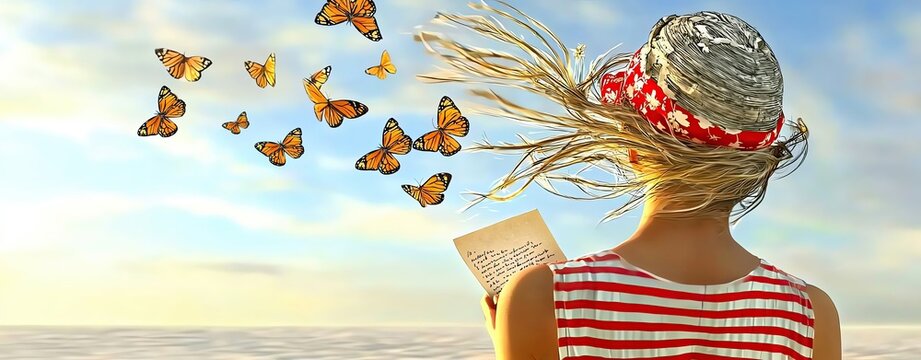 Surreal Art, A surreal desert scene of a woman holding a Letter dissolving into butterflies, symbolizing unsent words dissolving into time