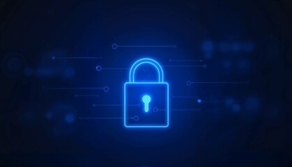 Neon padlock icon on dark digital background