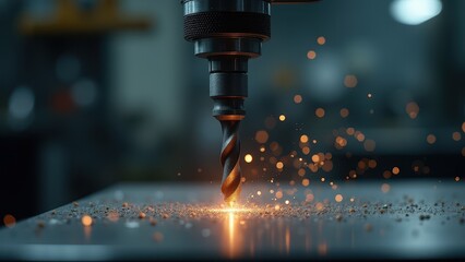 Drill and Tap, Close-up of a drill bit in action under workshop lighting curling metal shavings on steel. Hyper-realistic textures 8K U