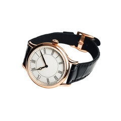 Leather Strap Watch with Rose Gold Case and White Dial Isolated on Transparent Background