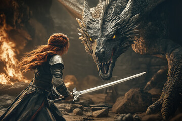 Female knight is fighting with a dragon