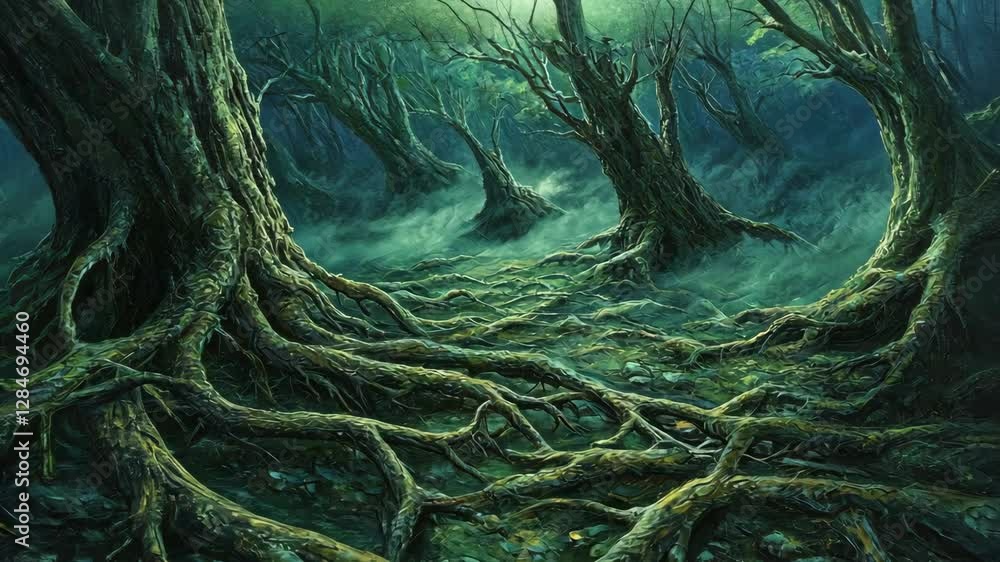 Aufkleber mystical forest with twisted trees and dense fog creating an enchanting atmosphere in the early dawn