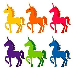 Set of Stickers with Unicorns on White Background