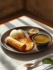 South Indian food on plate, with idli, sambar, and coconut chutney.
