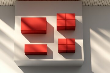 Three red rectangular benches against wall, sunlit corner of indoor space.