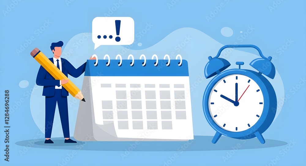 Poster a professional figure holds a pencil next to a calendar and alarm clock, symbolizing time management