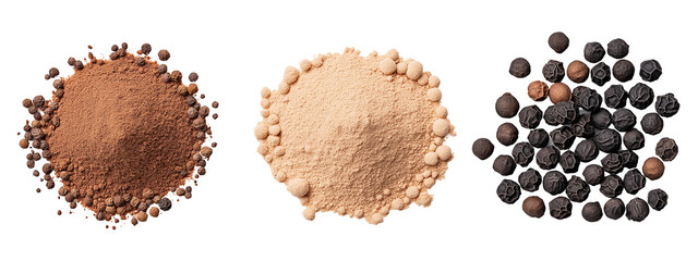 Assorted Spices | Cocoa Powder, Ginger Powder, and Black Peppercorns