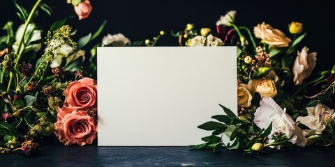 Vintage greeting card with a bouquet of roses and greenery, set against a black background. Perfect for any occasion that requires sentiment or appreciation.