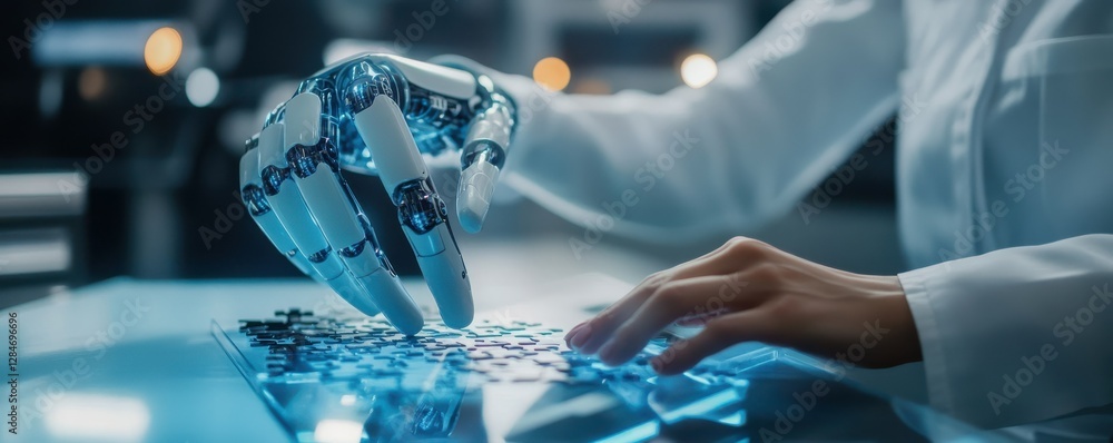 Poster robotic hand assists human in solving high-tech puzzle in futuristic laboratory setting