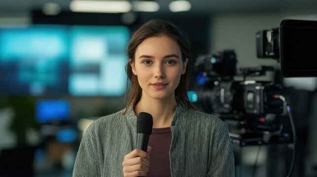 A young female journalist stands confidently in a media studio, holding a microphone. Surrounded by cameras and technology, she prepares to deliver news updates in a professional environment.