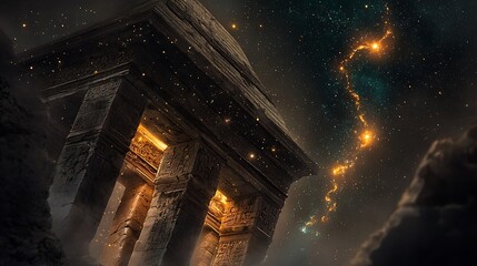 Mysterious ancient temple illuminated under a starry sky with cosmic elements in the background