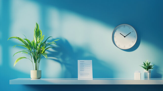 Modern Office Time Management Concept: Bright Blue Backdrop Featuring Wall Clock, Attendance Time Card with Employee Details, and Space for Promotional Text