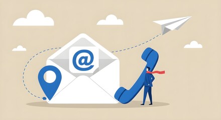 A modern illustration showing communication elements: a phone, email, and location icon, symbolizing connectivity and digital correspondence.