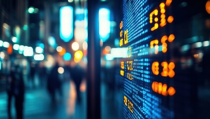 Vibrant city lights blur in the background of a stock ticker displaying dynamic financial data. The scene evokes a sense of fast-paced trading and global markets.