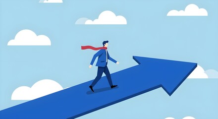 A determined figure walks upward on a blue arrow against a sky filled with clouds, symbolizing progress and ambition.