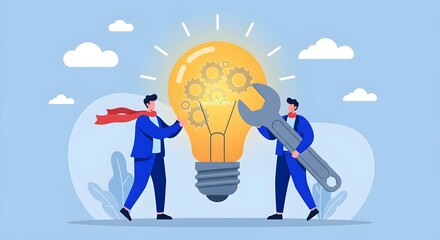 Two professionals exchange ideas symbolized by a glowing lightbulb, showcasing collaboration and innovation in a bright, cheerful setting.