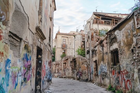 Ruins of abandoned buildings with cracked walls and colorful graffiti in a deserted urban area. Generative AI