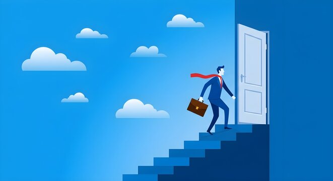 A businessman ascends stairs towards an open door, symbolizing opportunity and ambition against a blue sky with clouds.