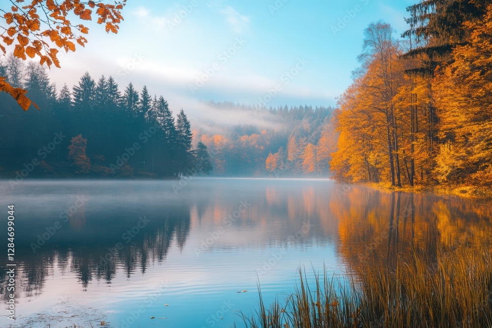Aufkleber Autumn landscape with colorful trees reflecting in calm lakeside waters during misty morning hours. Generative AI