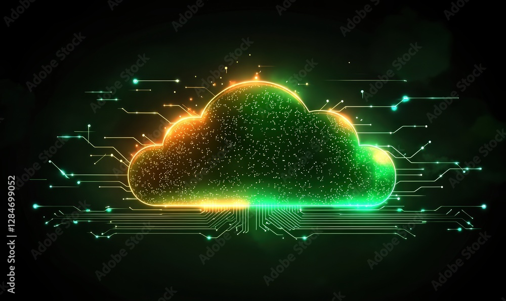 Poster cloud icon glowing on a circuit board with luminous effects surrounding technology background