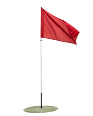 Red flag on a silver pole, standing on a small patch of grass, on a transparent background.
