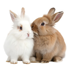 Obraz premium Two adorable rabbits, one white and one brown, sitting together on a transparent background.