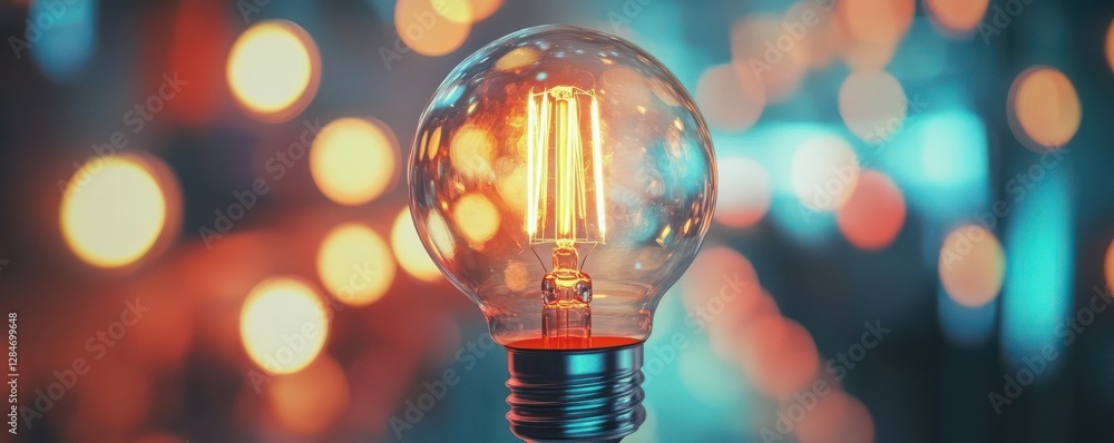 Poster close-up of light bulb with glowing filament and colorful bokeh background