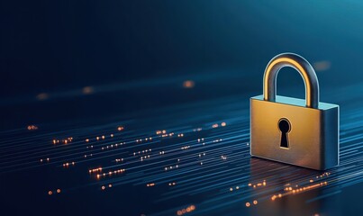 Digital security background featuring a padlock icon with glowing data streams on a dark blue backdrop illustrating cyber safety