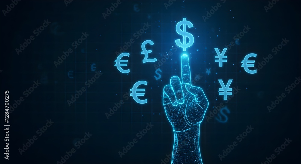 Poster a glowing hand points to various currency symbols, representing global finance and digital transacti